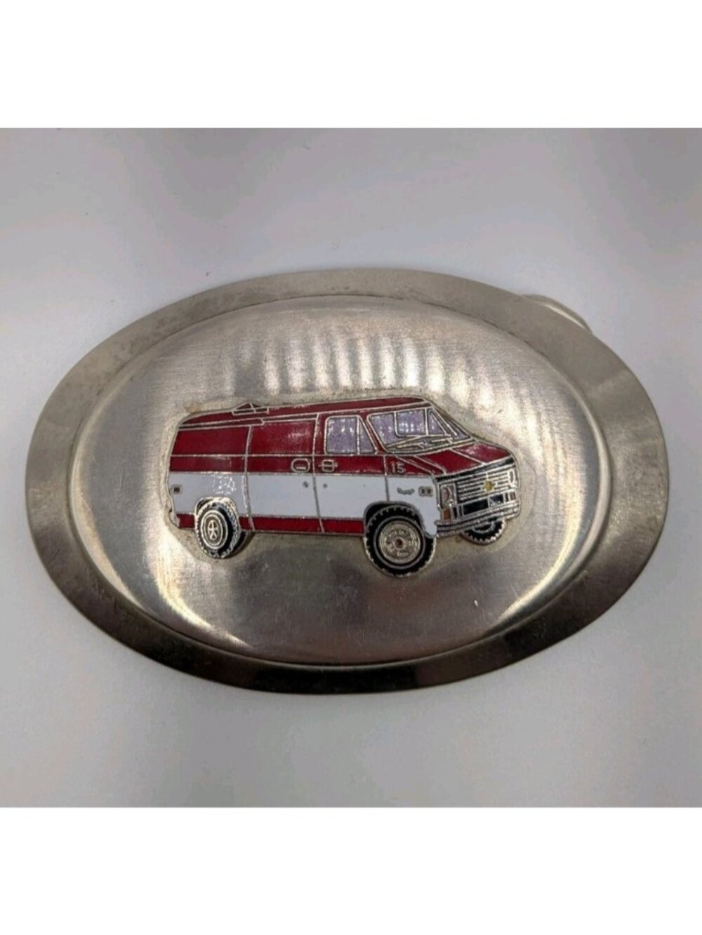 Vintage 1970s/80s GMC Van Belt Buckle Red White Chevy Enamel Oval Trucker Retro